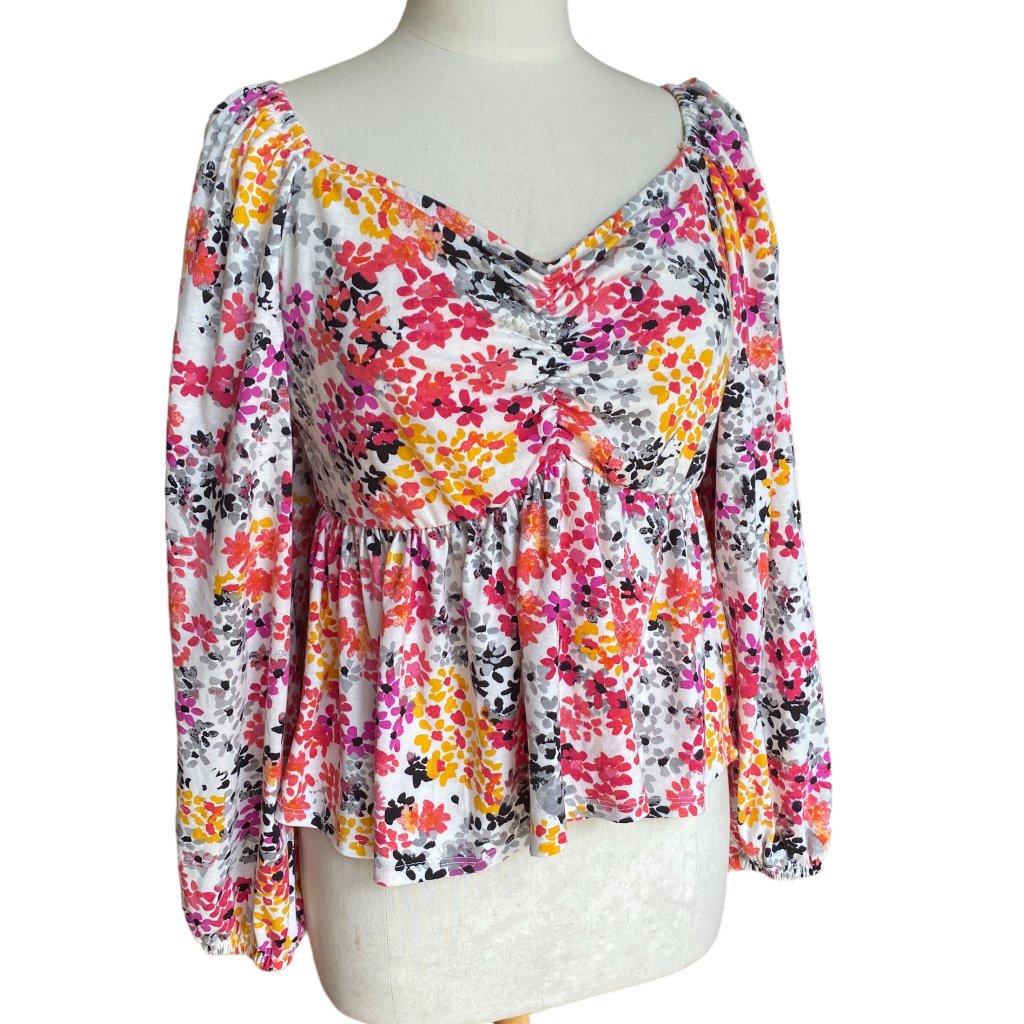 Paper + Tee Floral Babydoll Top Cottagecore Fairy Peasant Bell Sleeve Smocked-1x